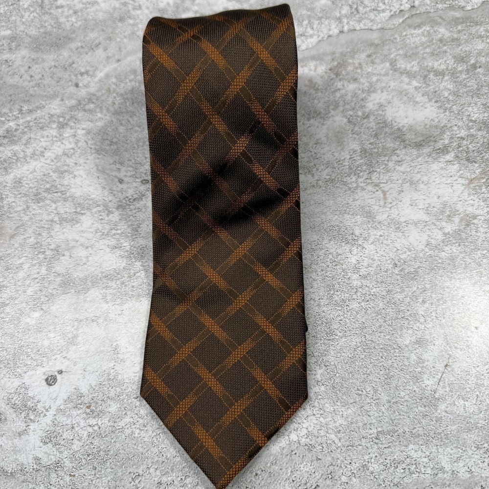 Escada Tie Mens‎ One Size Brown Orange Plaid Check Classic 100% Silk Necktie